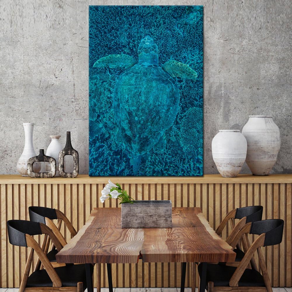 KREATIVE ARTS - Green Turtle Hidden in Coral Canvas Prints Sea Wall Art Underwater Sea Painting Print On Canvas Animal Pictures Framed Artwork For Home Office Decoration Gift 24x36inch