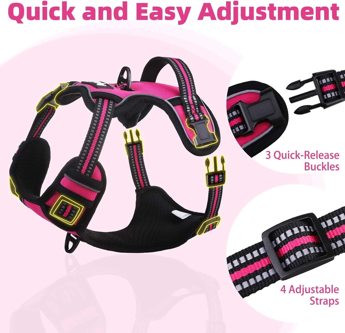 PUPTECK No Pull Dog Harness for Large, Adjustable Reflective Dog Harness with Handle Easy Control, Comfortable Soft Padded Pet Vest Harness for Extra Large Dogs, Fuschia XL