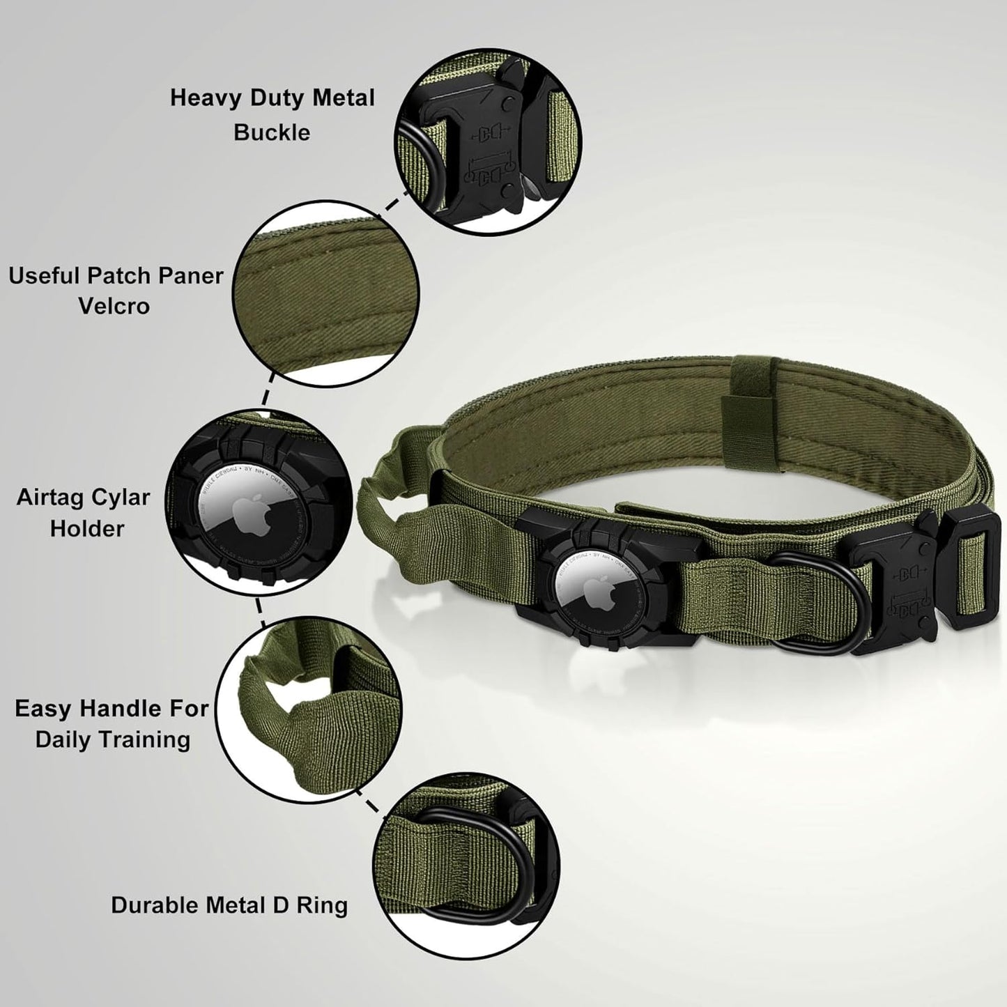 Tactical AirTag Dog Collar - Heavy Duty, Adjustable GPS Collar Compatible with Apple AirTag, with Holder & Control Handle for Medium/Large Dogs [ Green, XL ]