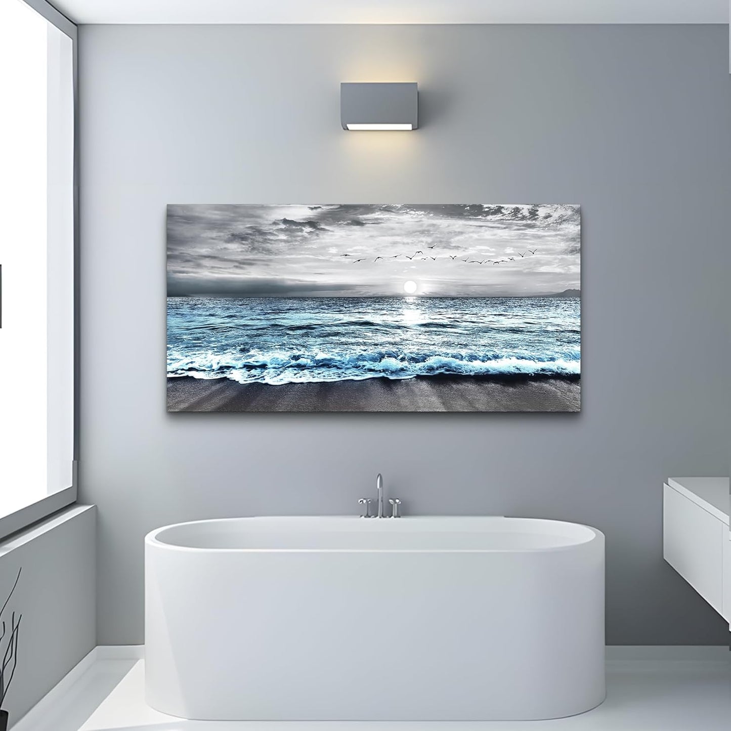 Lapremoly Black And White Beach Wall Painting Canvas Wall Art For Living Room Large Wall Decor For Bedroom Office Wall Decorations Blue Ocean Sea Wave landscape Pictures Artwork Posters Home Decor