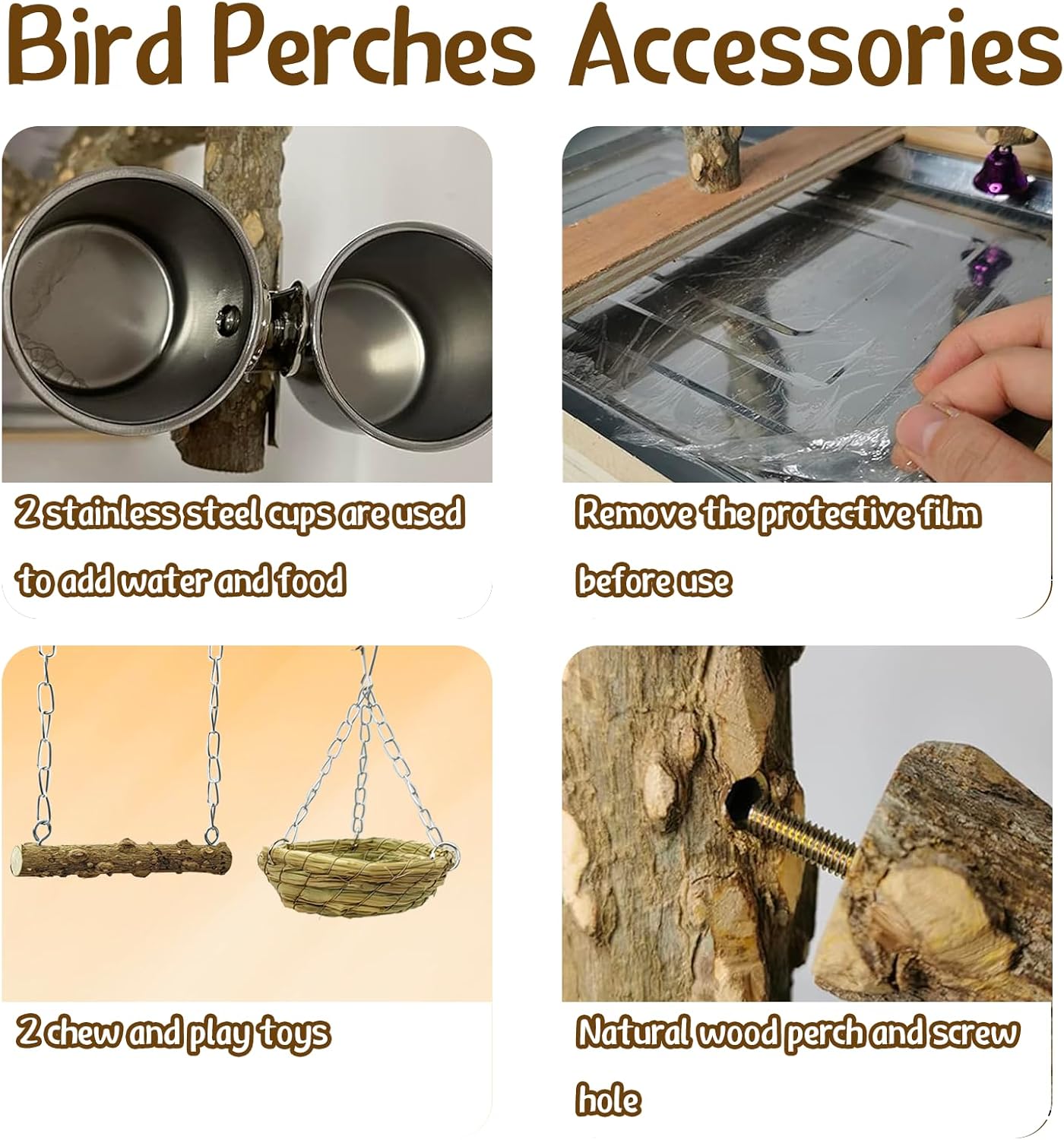 Tfwadmx Bird Perch Natural Wood Stand Toy Parrot Play Stand Platform and Hanging Bird Nests Bird Cage with Removable Tray and 2 Stainless Steel Cups for Parakeets Canaries Cockatiels Conure Lovebirds