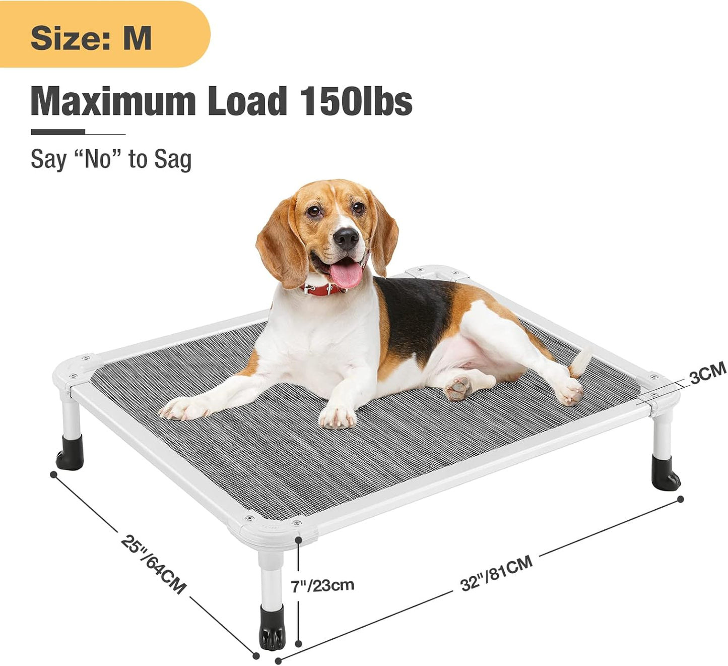 Veehoo Chew Proof Elevated Dog Bed - Cooling Raised Pet Cot - Silver Aluminum Frame and Durable Textilene Mesh Fabric, Unique Designed No-Slip Feet for Indoor or Outdoor Use, Black Silver, Medium