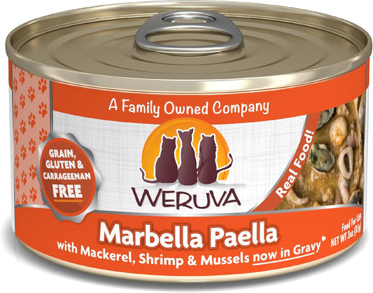 Weruva Classic Cat Food, Marbella Paella with Mackerel, Shrimp, & Mussels in Gravy, 3oz Can (Pack of 24)