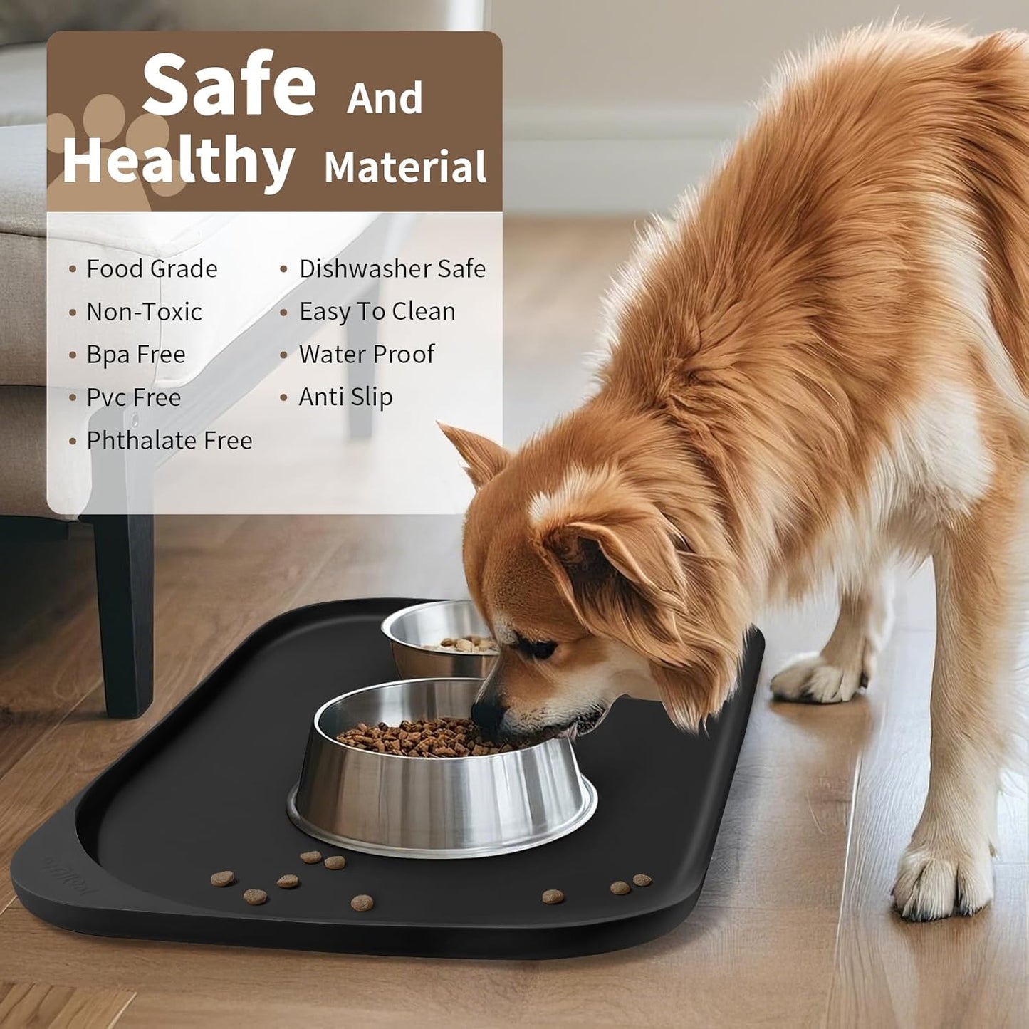 Silicone Pet Feeding Mat with Raised Edge & Residue Collection Pocket for Food and Water, Dog Bowl Mats, Cat Bowls Placemat with High Lip for Floor Waterproof, 24 x 16 x 0.8 Black
