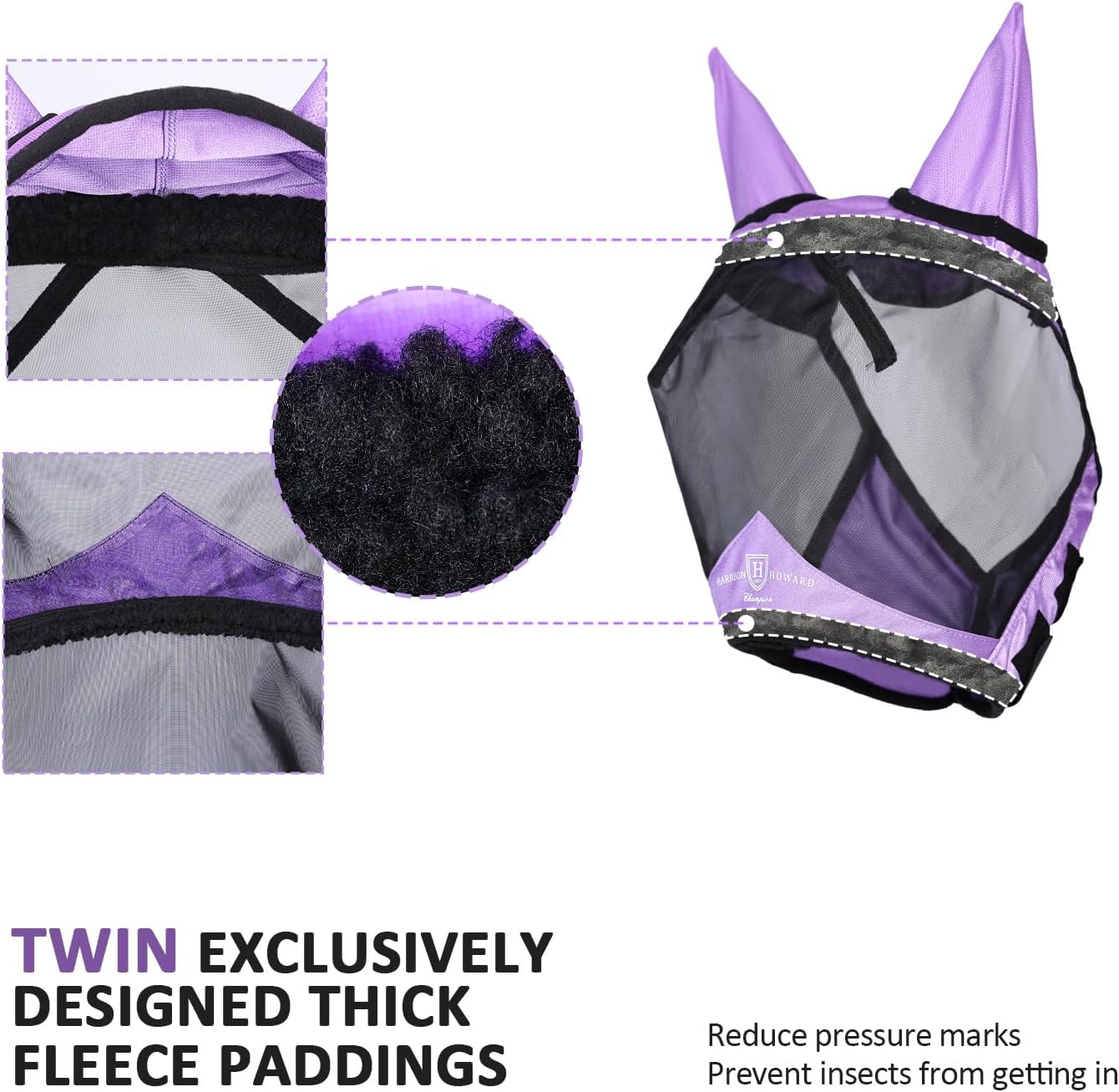 Harrison Howard Pro Luminous Horse Half Face Fly Mask Large Eye Space with Ears UV Protection for Horse Gentle Lavendar XL