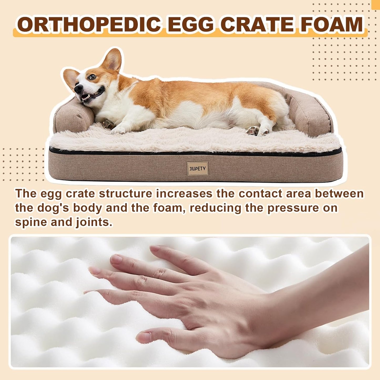 Jiupety Orthopedic Dog Bed for Large Dogs, Egg-Crate Foam Pet Couch Bed, Washable Pet Sofa with Removable Cover, Waterproof Lining and Anti-Slip Bottom, Brown, 35"x25"x7"
