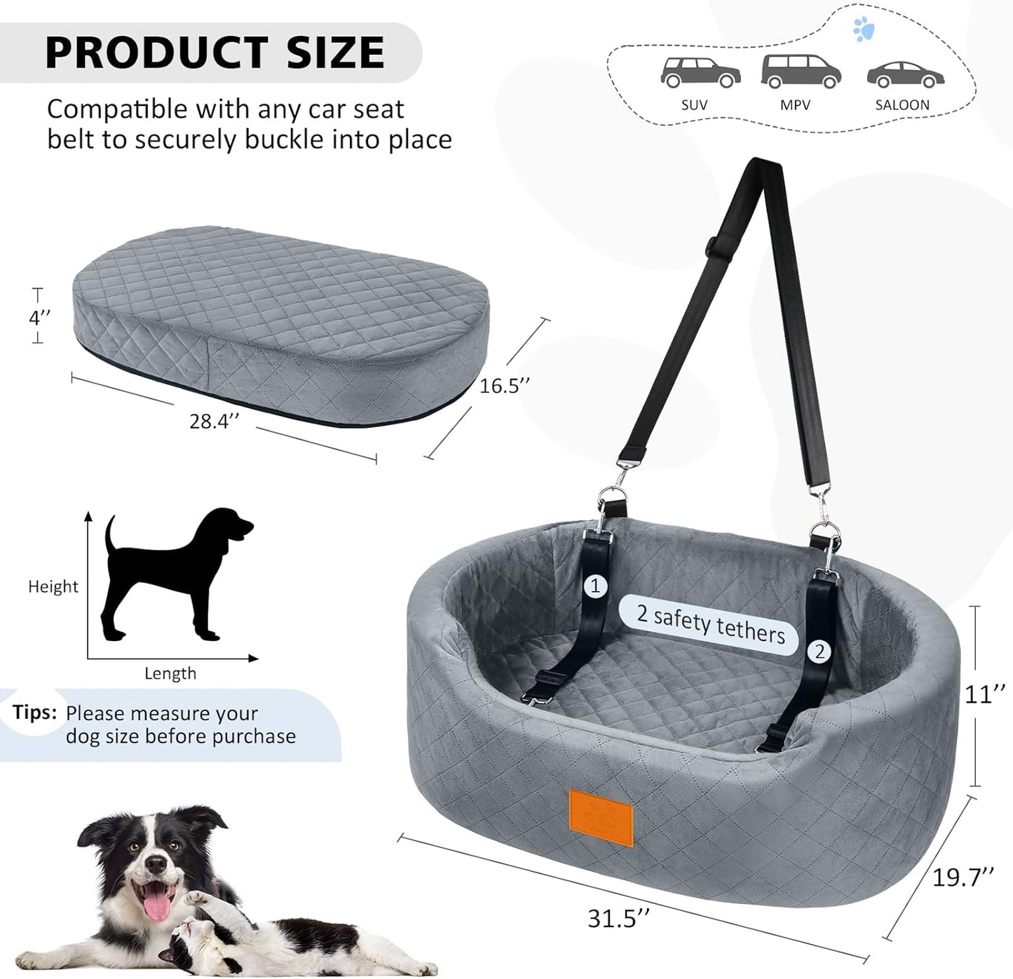 Dog Car Seat for Medium & Large Dogs up to 55 lbs, Elevated Booster Seat with Anti-Slip Base, Detachable & Machine-Washable Pet Car Bed for SUV/Sedan (Gray)