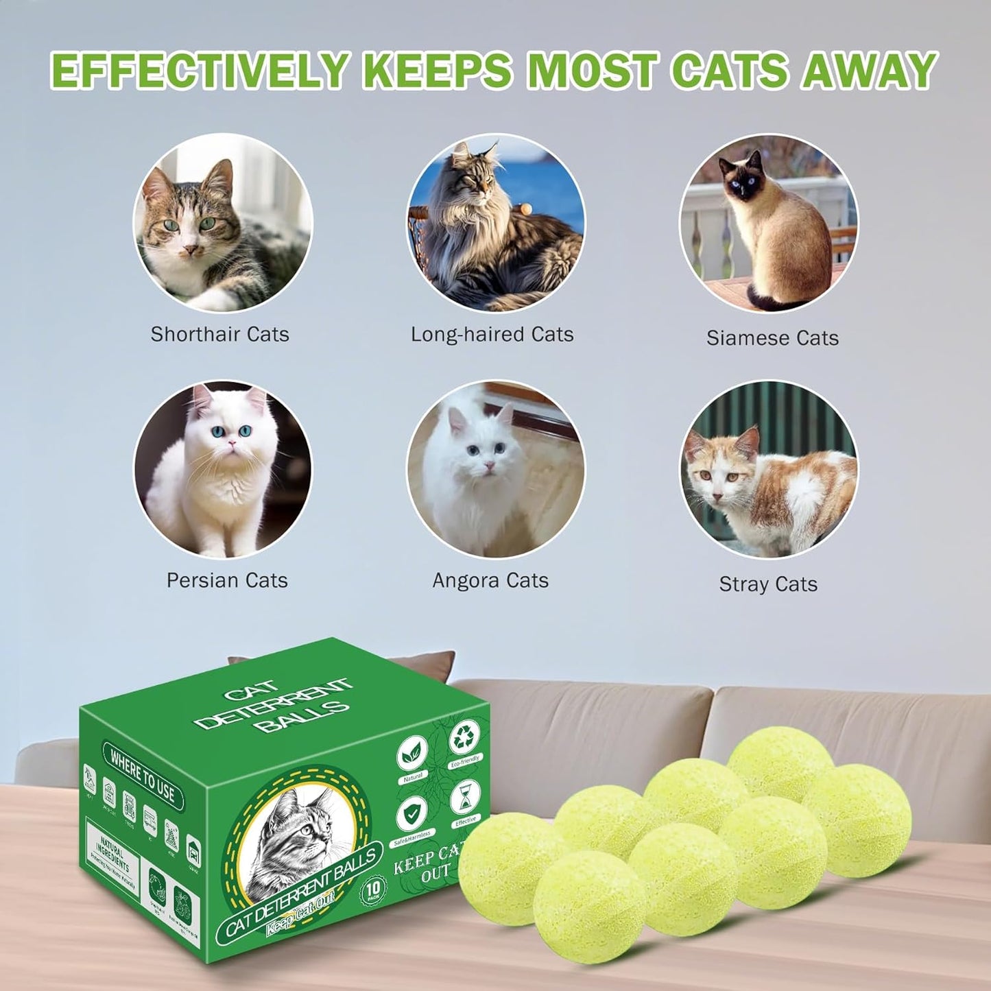 10Pack Cat Repellent Outdoor & Indoor: Natural Cat Deterrent Essential Oils Ball-Natural Extract Essential Oil, Anti Cat Scratch for Furniture, Keep Cats Off Yard Garden Lawn Plants Trash Can (10Pcs)