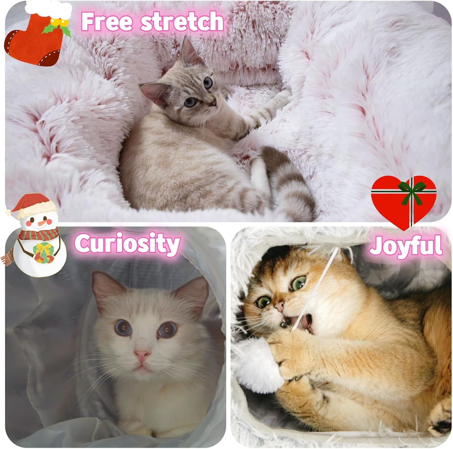 XxingSheep Extra Large Cat Tunnel Bed for Indoor Cats Peekaboo Cat Cave Donut with Center Mat,Pinkish White