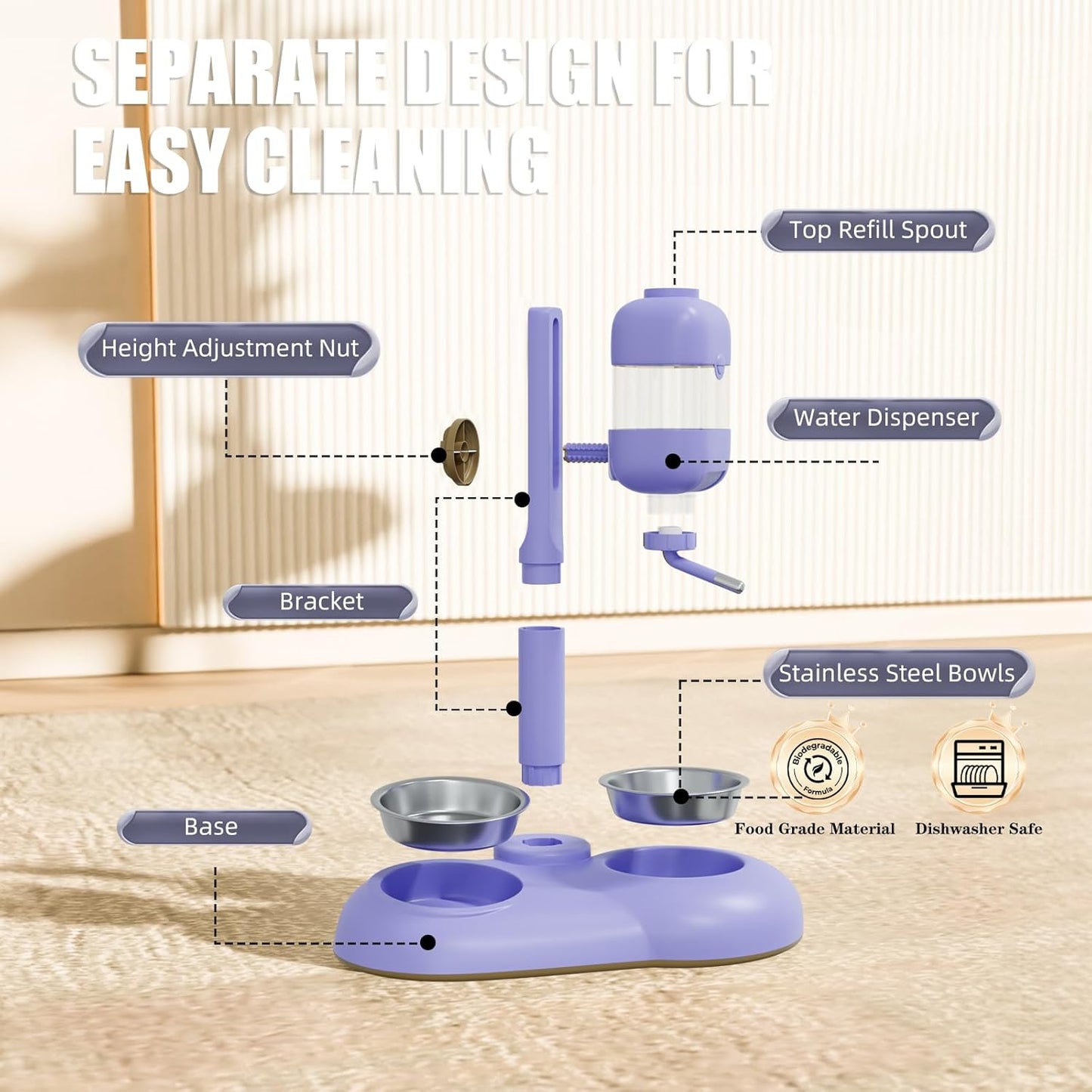 Dog Bowls with Puppy Weaning Bottles,3 in 1 Bowl Set with Water Dispenser and 2 Food Grade Stainless Steel Dog Bowls,15°Tilted Cat Food and Water Bowl Set for Cats,Bunnies,Ferrets