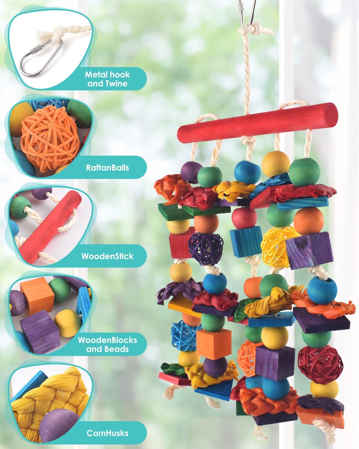 Bird Toys, 3PCS Parrot Foraging Hanging Toy, Multicolored Natural Wooden Blocks Parakeet Chewing Toys mit Rattan Wicker Balls, for Medium Small Cockatoos Budgie Lovebird Cockatiel Conure