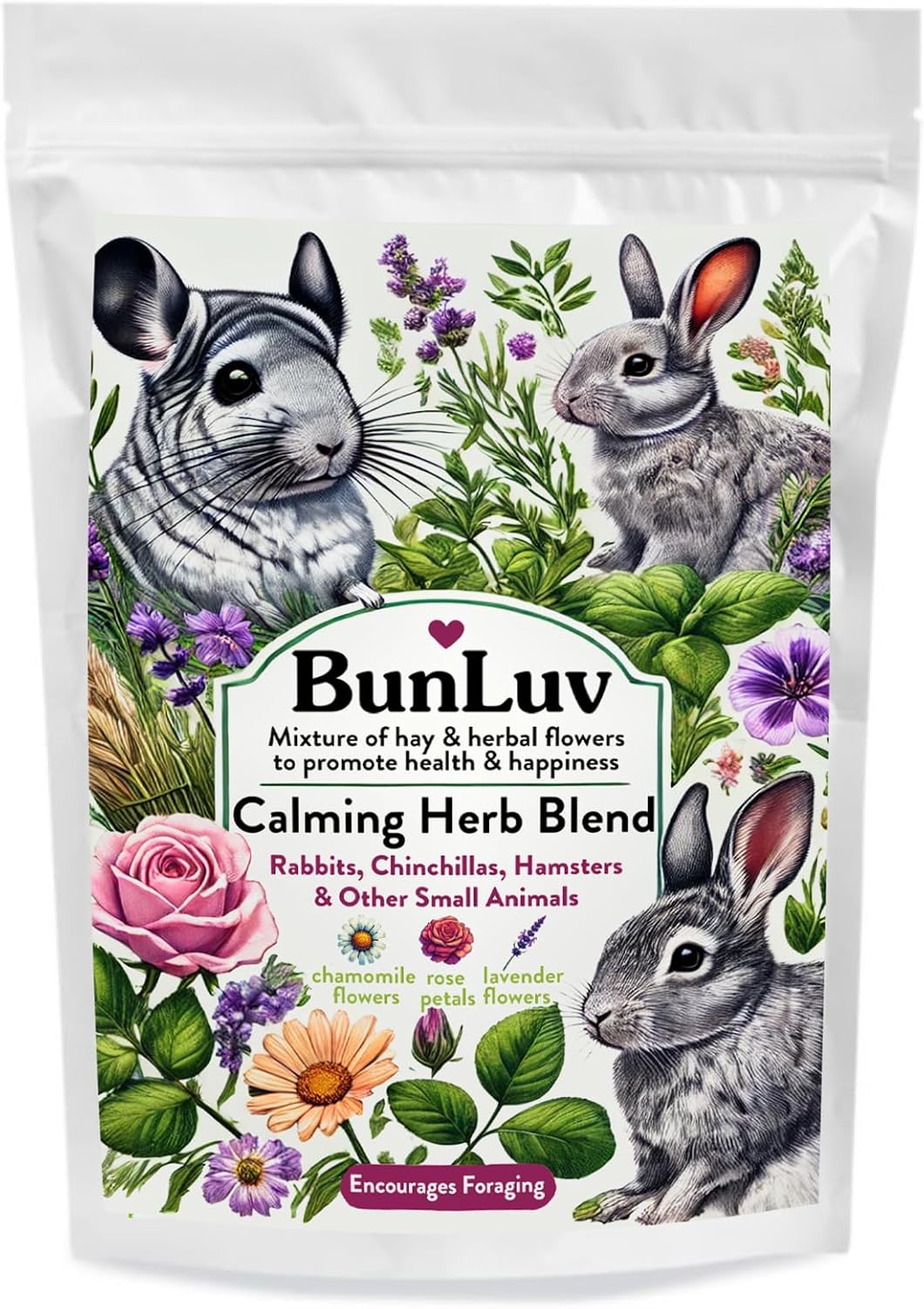 Herbal Calming Forage: Premium Rabbit Food, Hay for Guinea Pigs Food, Chinchilla Food, Hamster Treat Made with Timothy Hay & Organic Herbs (10 Ounces)