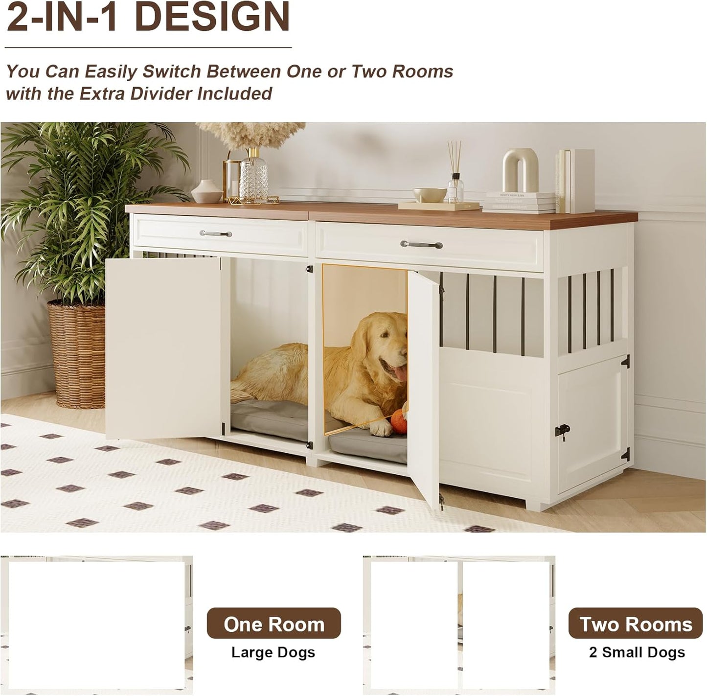 Dog Crate Furniture - Indoor Wood Dog Kennel Furniture 4 Doors with Divider and 2 Drawers - 72" L x 23.6" W x 33.5" H, White