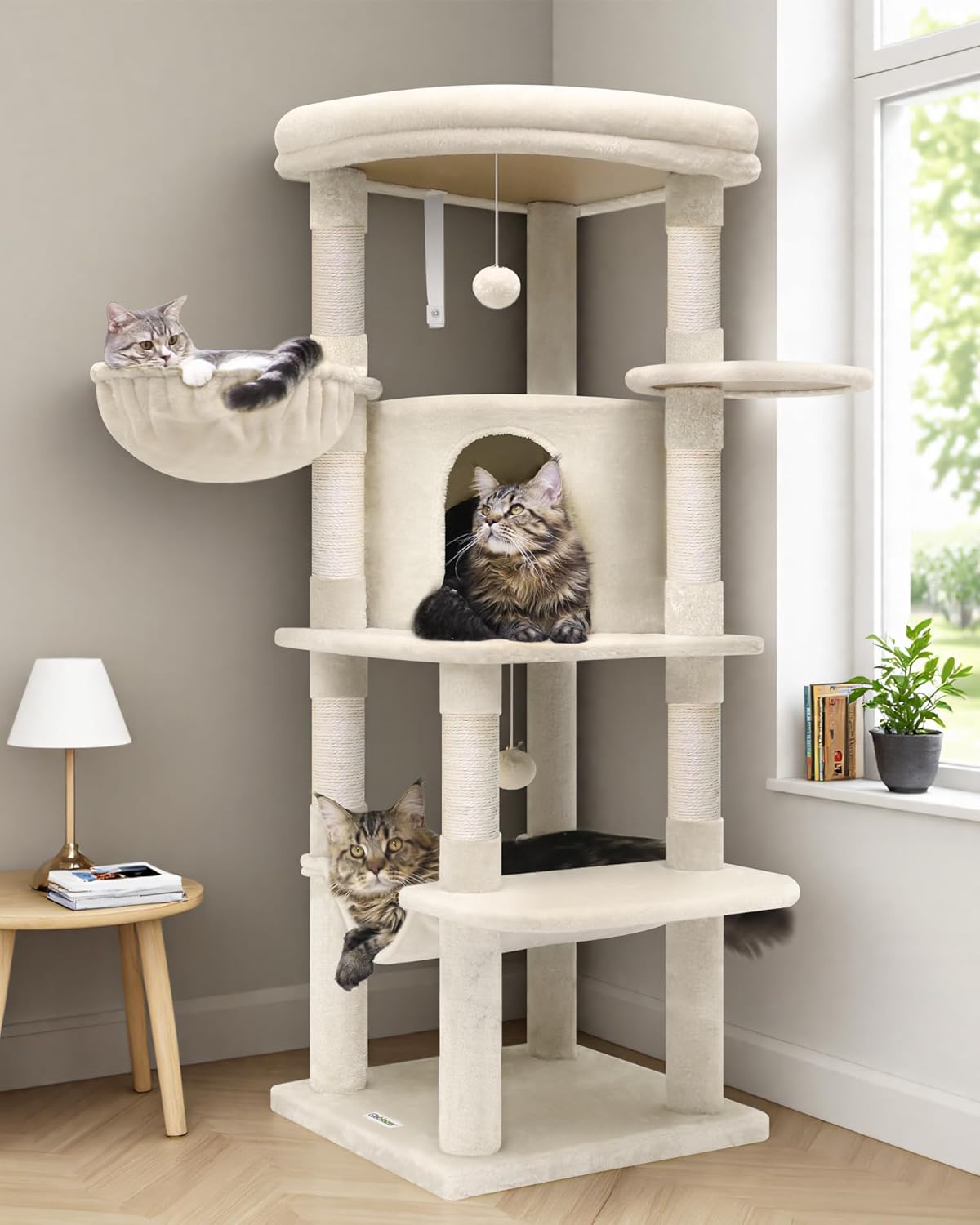 Globlazer Corner Cat Tree Tower with Scratching Post for Indoor Cats, 51in Plush Multi-Level Cat Tower with Large Hammock, Fan-Shaped Padded Perch, Spacious Cat Condo, Hanging Basket, C51, Light Beige