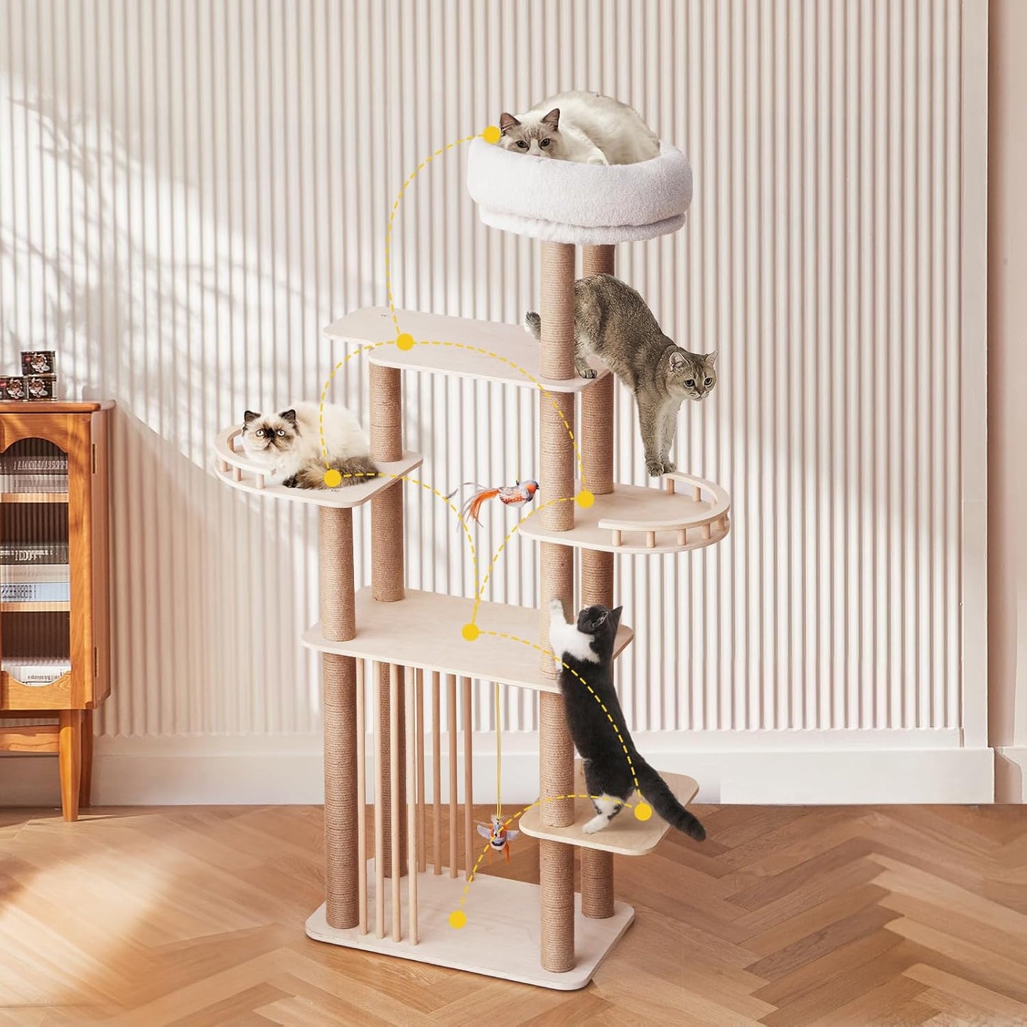 68" Large Cat Tree, Solid Wood Multi-Level Cat Tower with Scratching Posts, Fun Toys, and Washable Plush Platform for Indoor Cats