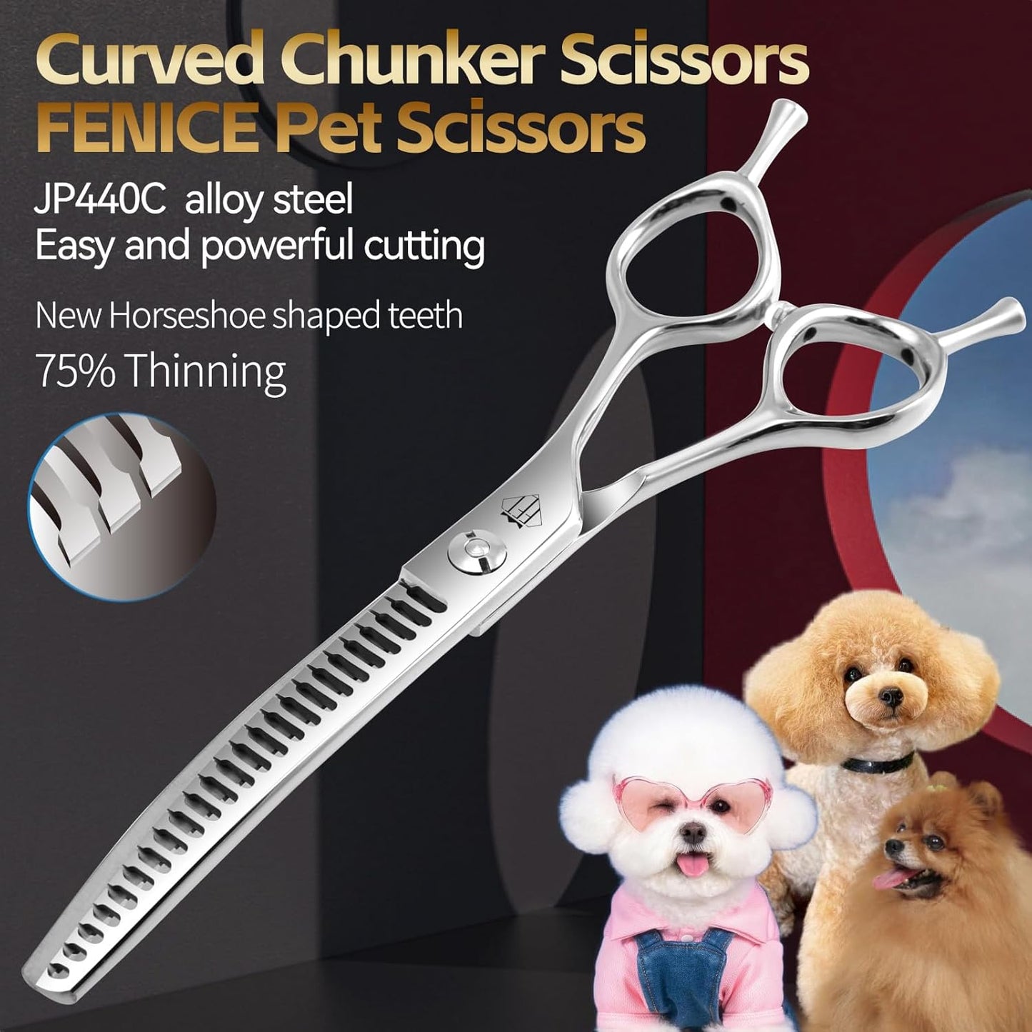 FENICE Professional Pet Grooming Scissors, JP440C Alloy Steel, Curved Chunker with Horseshoe Teeth, 75% Thinning (6.5")