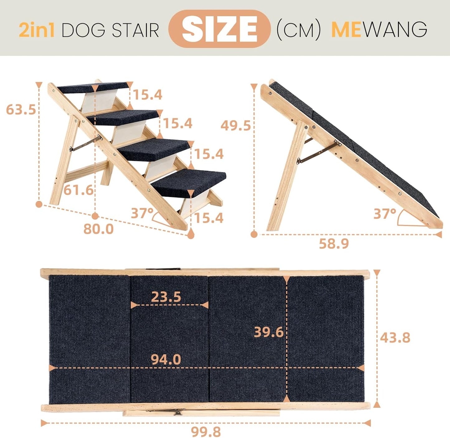 MEWANG Wood Pet Stairs & Ramp for Small/Medium Dogs and Cats, Aging Pets – 3-in-1 Foldable, Portable, Non-Slip Pet Ladder for Tall Beds, Couches,Cars–Holds Up to 220 lbs (31.5" L x 17.2" W x 25.0" H)