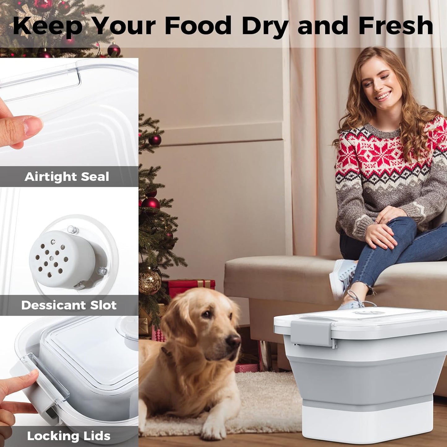 10-13 Lbs Dog Food Storage Container,Collapsible Dog Food Container with Transparent Airtight Lid,Pet Food Scoop and Dog Bowl,Multifunctional Food Storage Container for Pet Food,Rice,Flour