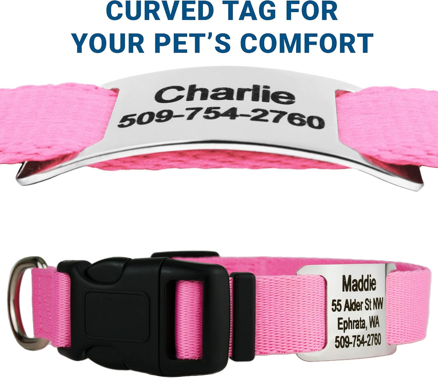 GoTags Personalized Dog Collar with Nameplate, Adjustable Dog Collar with Custom Engraved Slide On Pet ID Tag in Stainless Steel, Silent, No Noise Dog Tag for Large Medium and Small (Pink, X-Small)