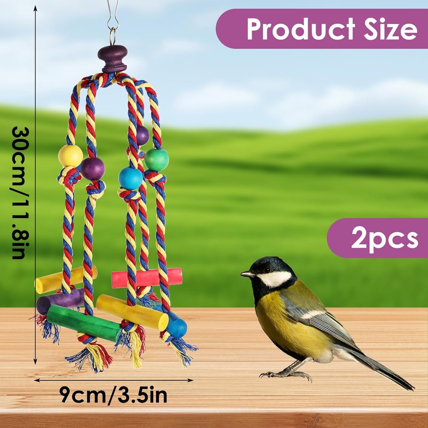Bird Toys for Parrots Conures, Colorful Rope Bird Toys, Interactive Chewing Climbing Toy for Cockatiels, Small Birds Fun Hanging Design with Hook for Cages Relieves Boredom Encourages Behavior
