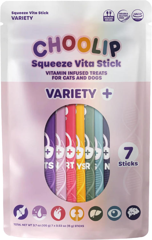 Squeeze Vita Stick Lickable Treats for Dogs & Cats. 7 Variety Support Sticks with Essential multivitamins. Soft and Tasty Paste for All Life Stages