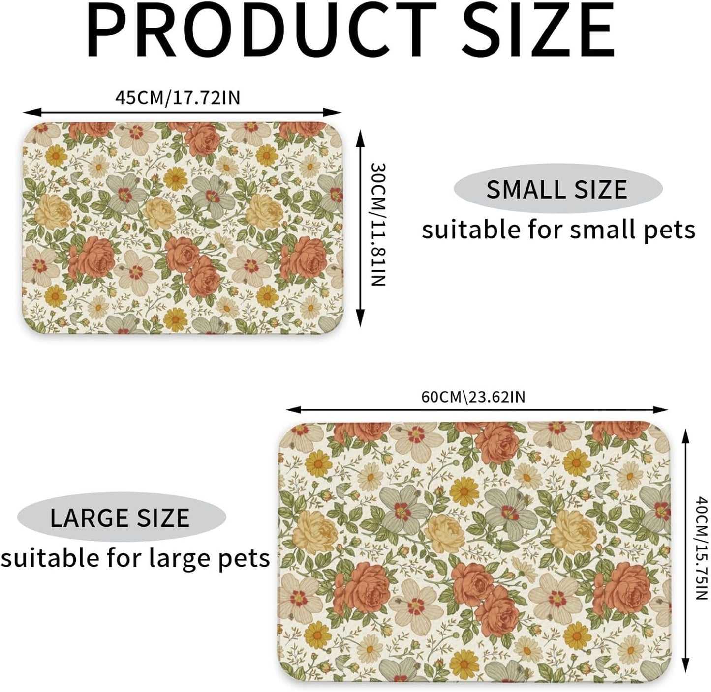 Delicate Floral Dog Food Mat Absorbent Bowl Mats No Stains Quick Dry Waterproof Pet Cat Placemats for Food and Water, 30x45cm