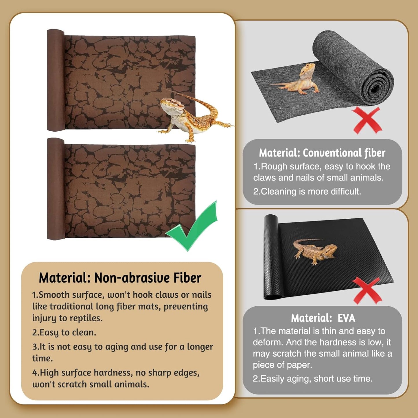 Tfwadmx Reptile Carpet Sand Mat for Bearded Dragon Terrarium Substrate Liner Brown Reversible Lizard Bedding Mats for Cage Leopard Gecko Tortoise Turtle Snake Chameleon with Tweezer 20"x 39"(2 Pcs)