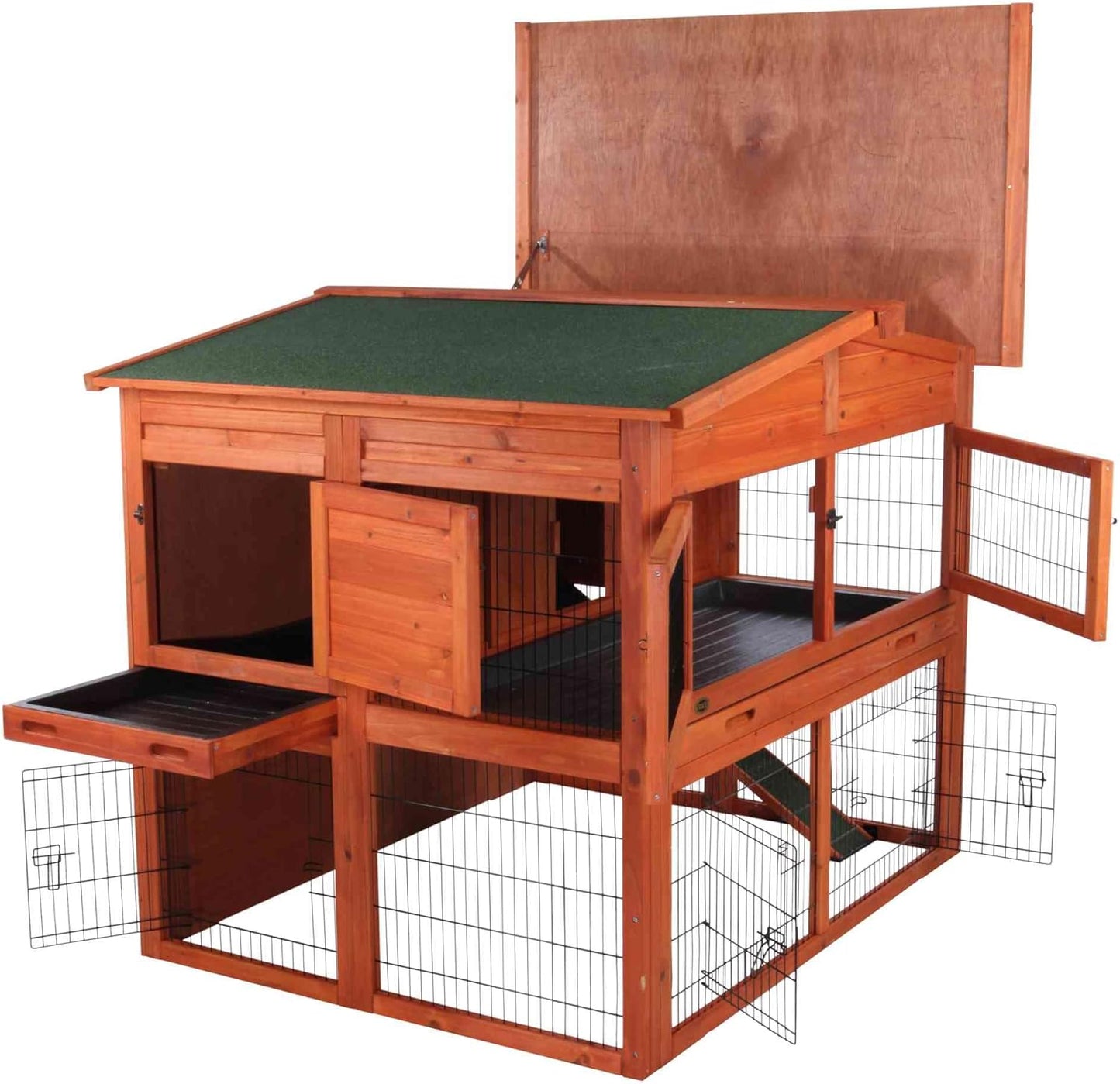 TRIXIE natura Outdoor Deluxe Rabbit Hutch with Run - Large 2-Story Rabbit Cage with Non-Slip Ramp - Elevated Small Animal House with Secure Playpen, Hinged Roof & Two Pull-Out Trays - in Natural
