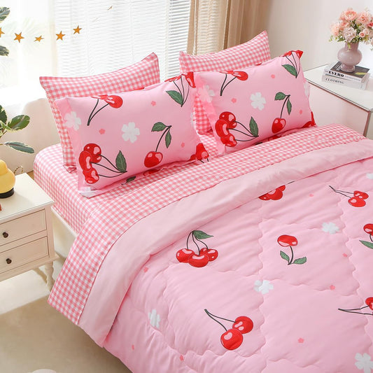 Girls Cherry Comforter Bedding Set Twin Size 7 Piece Pink Kawaii Oriental Cherry Comforter Set Bed in A Bag for Kids Teens All Season (Comforter,Flat Sheet,Fitted Sheet and Pillow Sham)