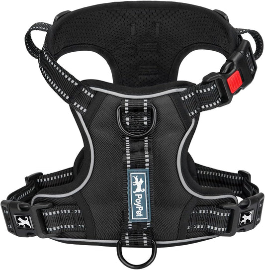 PoyPet No Pull Dog Harness, No Choke Front Clip Reflective Dog Vest with Soft Padded Vertical Handle, 3 Leash Attachments for Small Medium Large Dogs (Black,L)