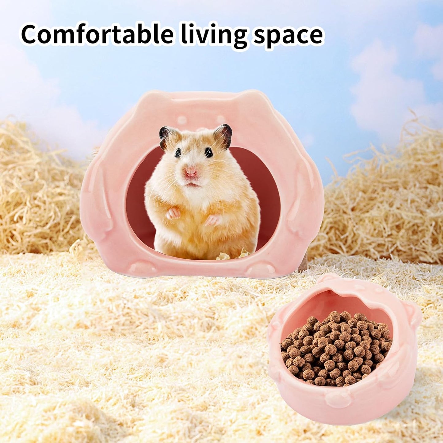 Bear-Shaped Hamster Hideout & Food Bowl Set - Ceramic Habitat for Syrian Dwarf Hamsters, Mice, Gerbils - All-Season Use, Chew-Proof Ceramic House and Feeding Dish for Small Pets(Pink)