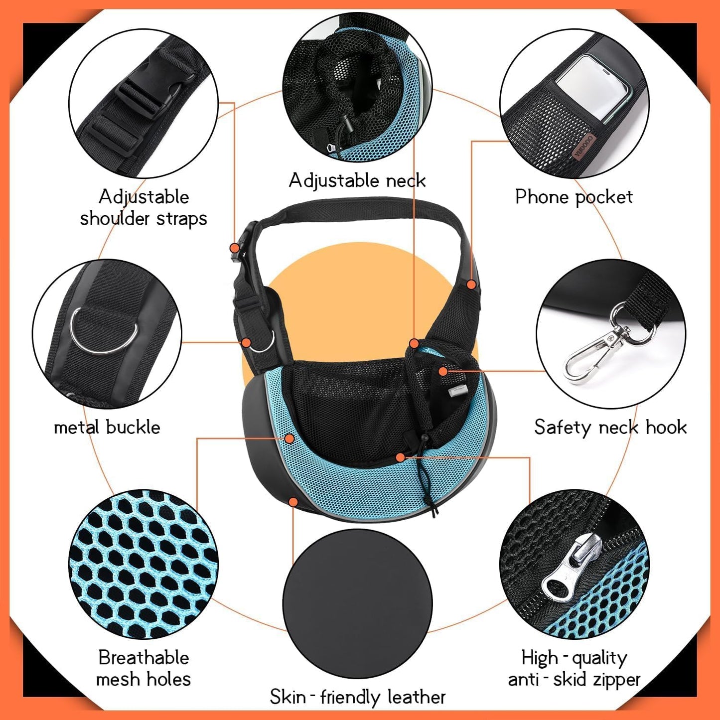 YUDODO Pet Sling Carrier for Small Dogs & Cats – Hands-Free Puppy Carrier with Safety Hook, Large Zipper Pocket, Soft Breathable Mesh, Adjustable Strap & Reflective Strip (Cyan 3.0 S)