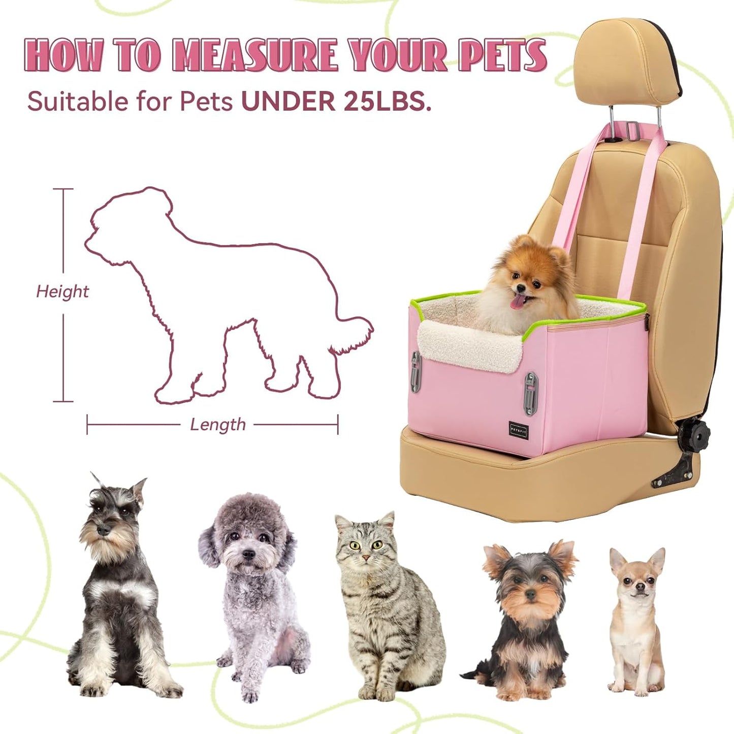 PETSFIT Small Dog Car Seat, Patent Safe Buckles Dog Booster Car Seat, Cat Car Seat with Safety Belt, Suitable for Small Pets Up to 25lbs (Pink)
