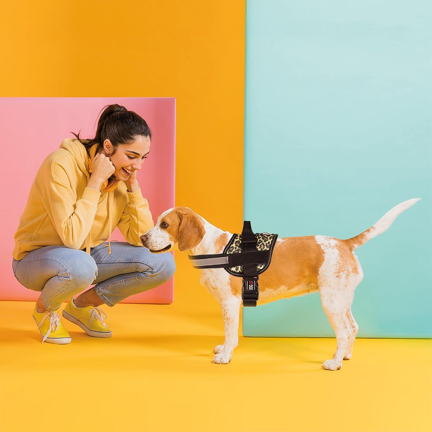 Dogline Dog Harness, Reflective No-Pull Adjustable Vest with Handle for Walking, Training, Breathable, No - Choke Harness for Small, Medium or Large Dogs Room for Patches Leopard Brown XS 15"-18"