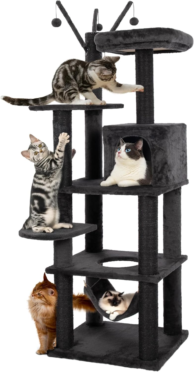 KAMABOKO Cat Tree, 73.6" H Tall Climbing Modern Indoor Play Tower for Large Cats and Kittens, Cats House with Cat Cave Condo, Cat Tree Hammock, Multi-Level Cat Activity Tree, and Cute Scratching Posts