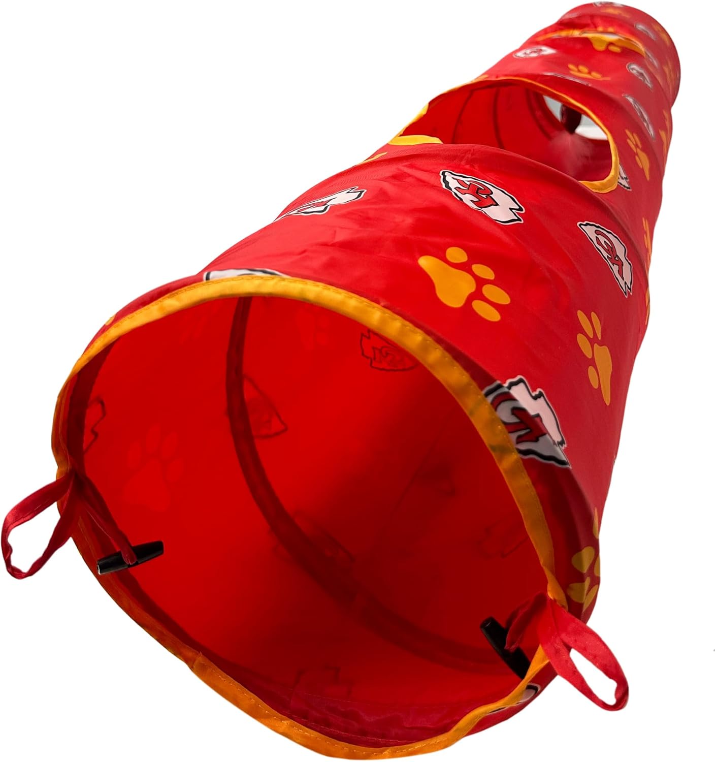 NFL Kansas City Chiefs Cat Tunnel Tube Toy with Plush Football Catnip and Feathers Collapsible Tunnel for Cats to Play, Peek and Hide, Sporty & Fun Cat Tunnel Toy with Team Logo All-Over Design!