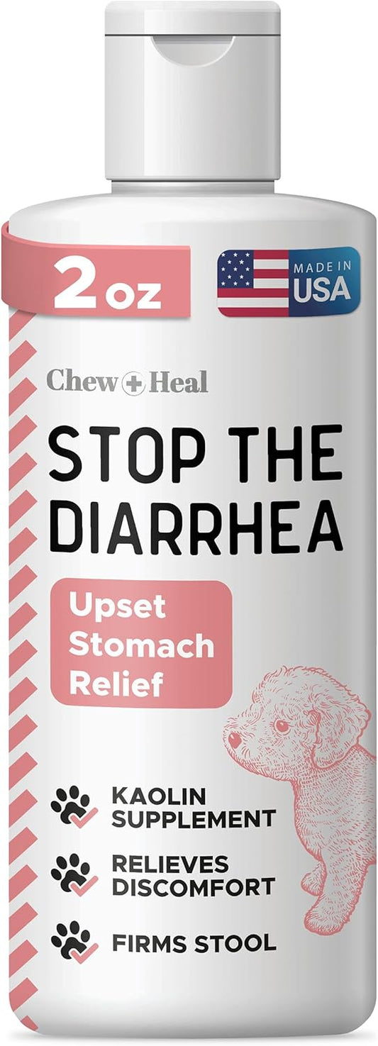 Chew + Heal Labs Anti Diarrhea for Dogs 2oz - Fast Relief Liquid Dog Diarrhea Supplement with Kaolin Pectin Formula - Effective Diarrhea Treatment and Dog Health Upset Stomach Supplement