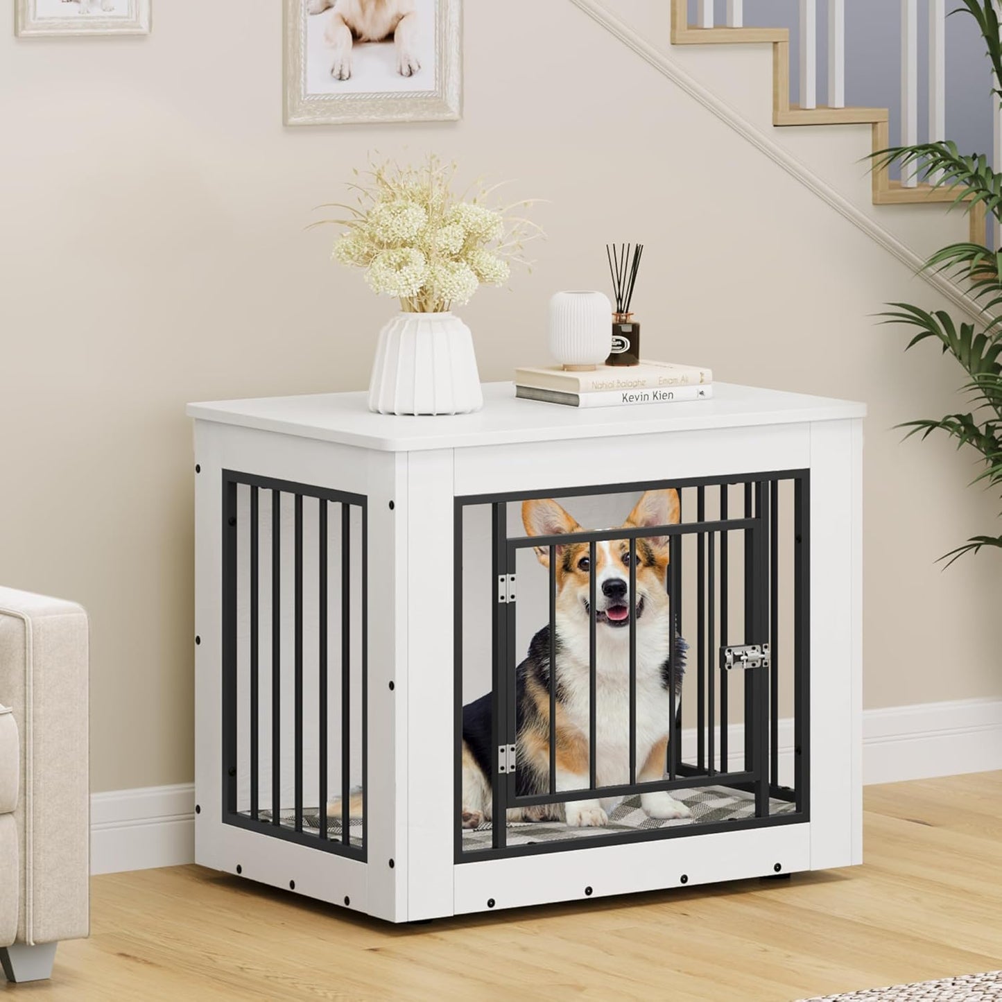 YITAHOME 30.1" L Dog Crate Furniture for Medium Dogs, 2-in-1 Iron-Wood Fusion Dog cage Indoor up to 35 lb, Side End Table, Modern Dogs Kennel with Waterproof Top, Safety Corners,Steel Lock,White