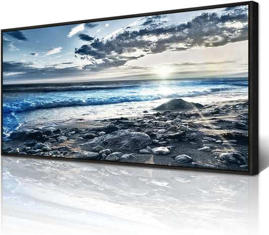 Wapluam Large Canvas Prints Wall Art For Living Room Wall Decorations For Bedroom Office Wall Decor Scenery Wall Painting Blue Sea Pictures Artwork For Fashion Black Framed Beach Posters Home Decor