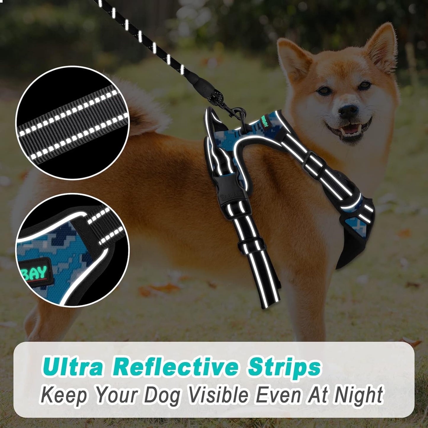 BARKBAY No Pull Dog Harness Large Step in Reflective Dog Harness with Front Clip and Easy Control Handle for Walking Training Running(Blue camo,M)