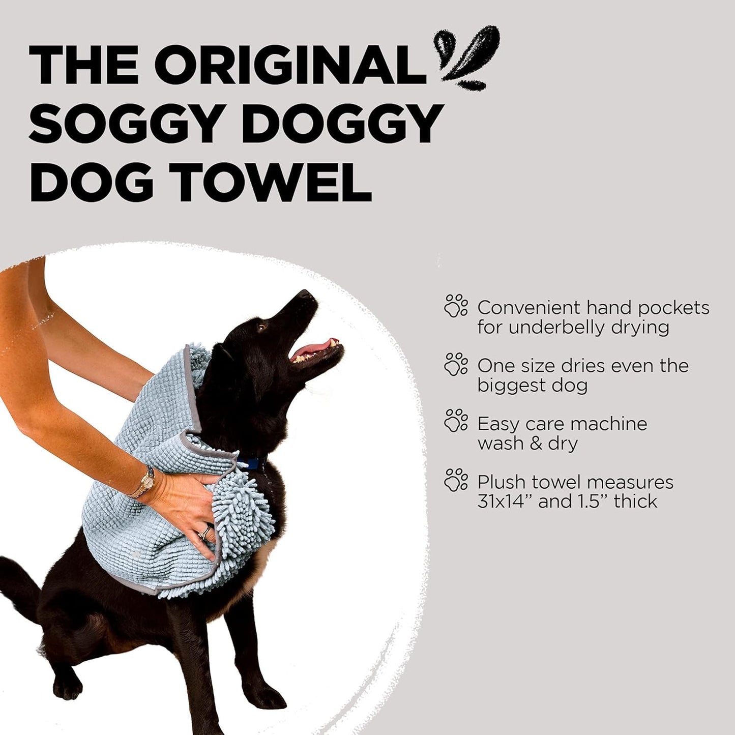 Soggy Doggy Super Shammy Dog Towel - Microfiber Chenille Towel for Drying Dogs and Cleaning Paws - Fast Drying with Hand Pockets for Ease (Gray, 31” x 14”)
