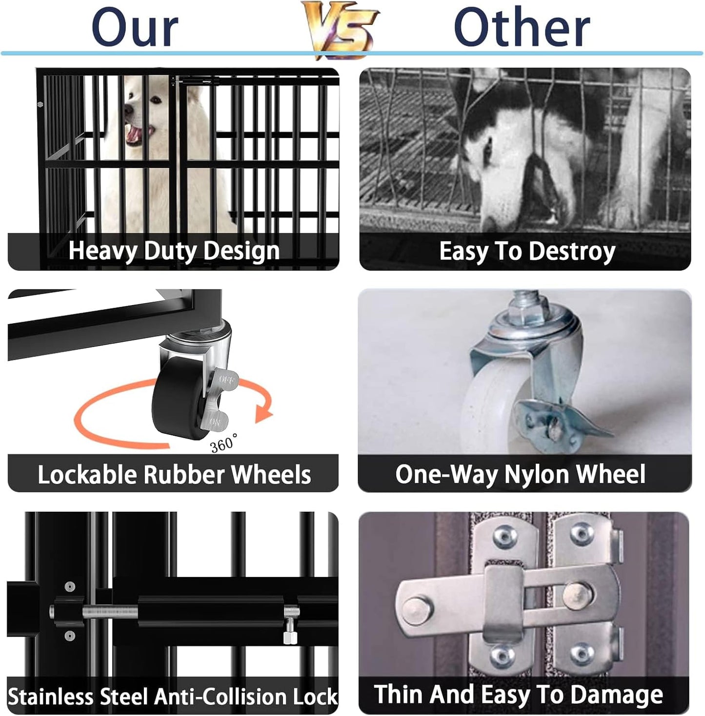 LEMBERI 42 inch Heavy Duty Indestructible Dog Crate, Escape Proof Dog Cage Kennel with Lockable Wheels,High Anxiety Double Door Dog Crate,Extra Large Crate Indoor for Large Dog with Removable Tray