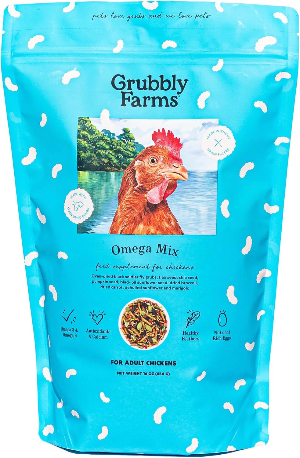 Grubbly Farms Omega Mix Chicken Treats for Laying Hens - Superfood and Omega-Rich Chicken Feed Supplement to Support Egg Production, Strong Eggshells and Nutritious Yolks - 1LB