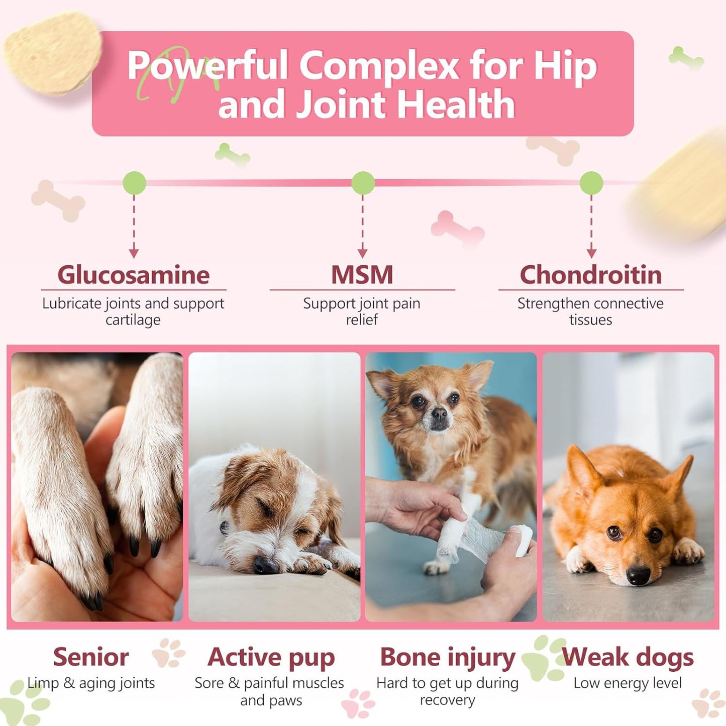 Glucosamine for Dogs, Joint Supplement for Dogs, Chondroitin, MSM, Hemp, Turmeric, Omega 3 for Pain Relief & Skin Health, Dog Hip and Joint Supplement with Calcium Support Bones Health, 120 Chews