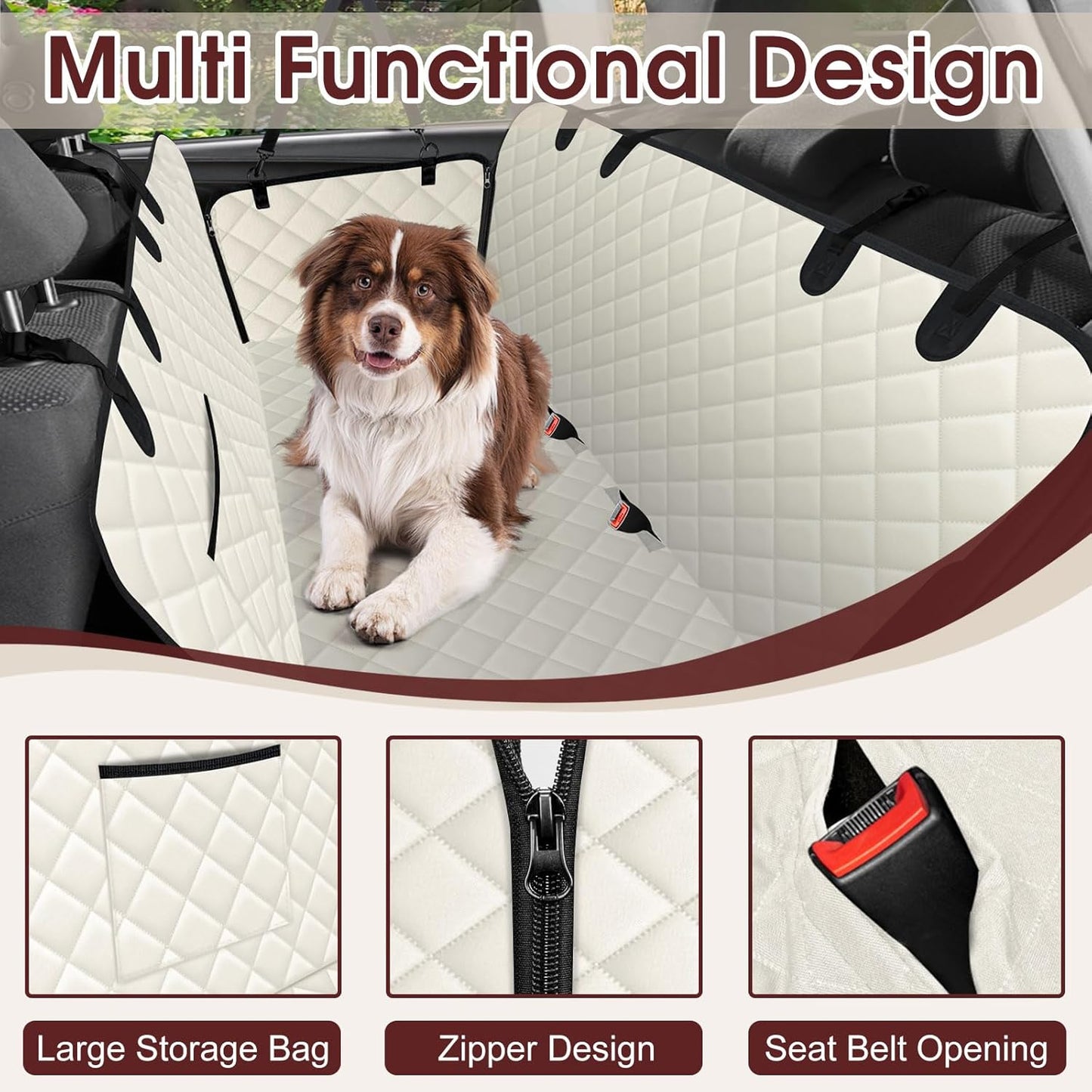 Dog Car Seat Cover, Durable Waterproof Scratch Proof Nonslip Dog Hammock, Pet Back Seat Covers with Pocket for Cars SUVs and Trucks - L, Beige/Black