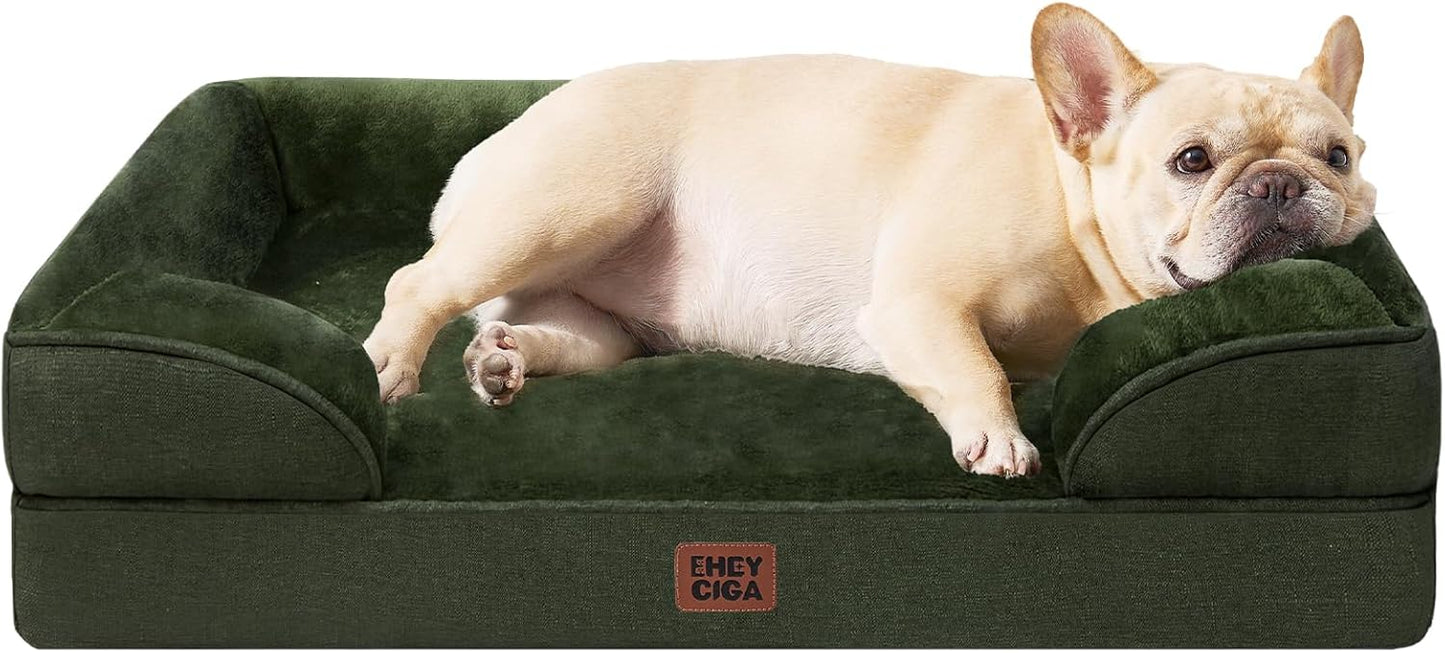EHEYCIGA Orthopedic Dog Bed for Small Dogs, Waterproof Memory Foam Small Dog Beds with Sides, Non-Slip Bottom and Egg-Crate Foam Medium Pet Couch Bed with Washable Removable Cover, Dark Green