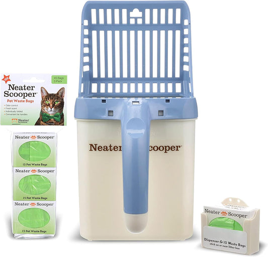 Neater Pet Brands Neater Scooper Standard Cat Litter Scoop, 60 Refill Bags – Mess-Free Cat Litter Scooper with Bag, Spill-Proof Kitty Box Sifter, Bin Doubles as Scoop Holder, For Single-Cat Households