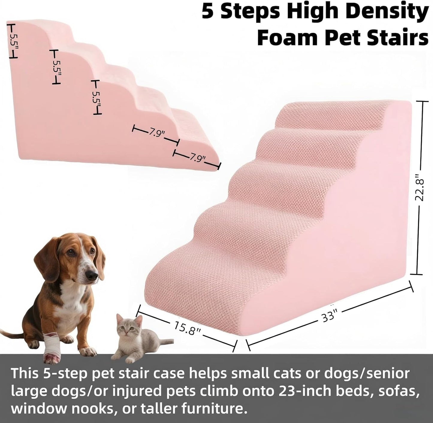 5 Step Pet Stairs Ramp for High Beds Sofas 5-30 Inch with Sturdy Non Slip Waterproof Pads, Machine Washable Cover Indoor Balanced Design for Cats Dogs Small Medium Large XL Pets Grey (Pink, Large, 1)
