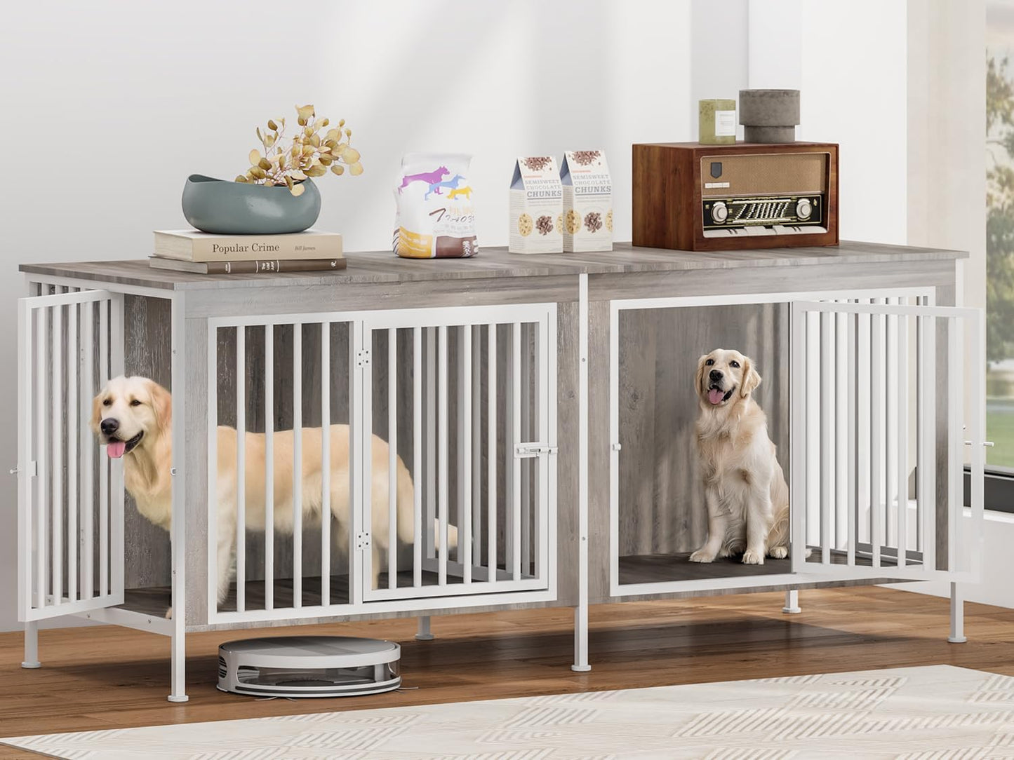 63 Inch Dog Cage Furniture for 2 Large/Medium Dogs with Removable Divider, Extra Large Double Doors Dog Kennel, XXL Thick Wooden Dog cage Furniture, Durable and Sturdy, Beige