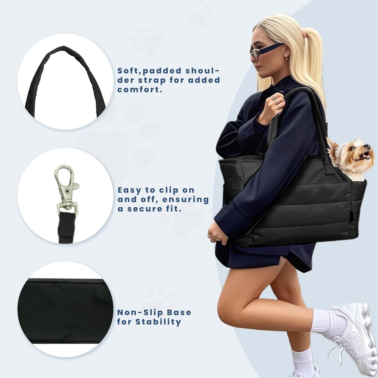 Lightweight Dog Purse Carrier for Small Dogs Under 15 lbs, Puffy Quilted Pet Carrier Tote for Puppies with Safety Leash Clip, Women's Hands-Free Dog Carrier Bag for Travel/Shopping (Black)